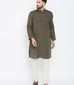 Green Plain Pure Linen Men Kurtas