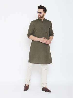 Green Plain Pure Linen Men Kurtas 2