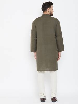 Green Plain Pure Linen Men Kurtas 3