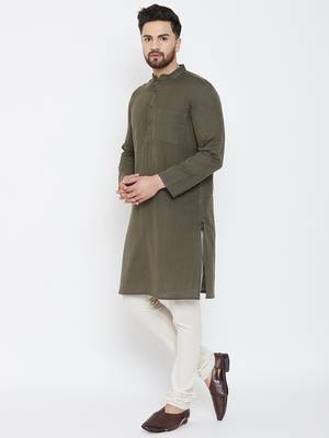 Green Plain Pure Linen Men Kurtas 4