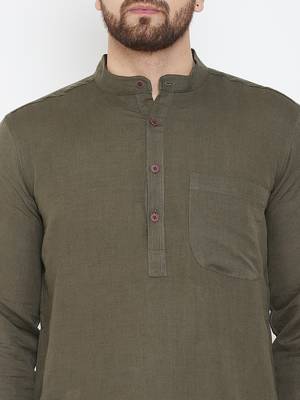 Green Plain Pure Linen Men Kurtas 5