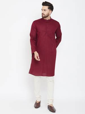 Maroon Plain Pure Cotton Men Kurtas 1