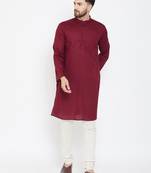 Maroon Plain Pure Cotton Men Kurtas
