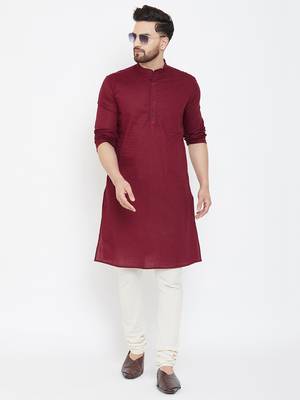 Maroon Plain Pure Cotton Men Kurtas 2