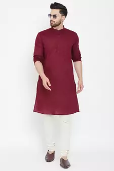 Maroon Plain Pure Cotton Men Kurtas