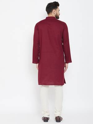 Maroon Plain Pure Cotton Men Kurtas 3