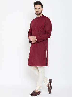 Maroon Plain Pure Cotton Men Kurtas 4