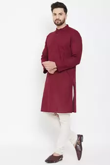 Maroon Plain Pure Cotton Men Kurtas