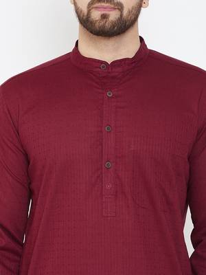 Maroon Plain Pure Cotton Men Kurtas 5