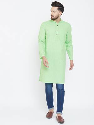 Turquoise Plain Pure Linen Men Kurtas 1