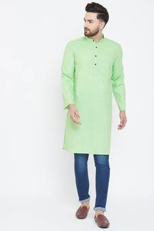 Turquoise Plain Pure Linen Men Kurtas