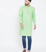 Turquoise Plain Pure Linen Men Kurtas