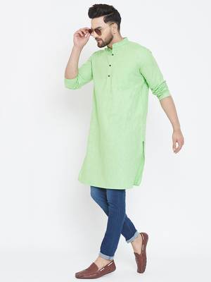 Turquoise Plain Pure Linen Men Kurtas 2