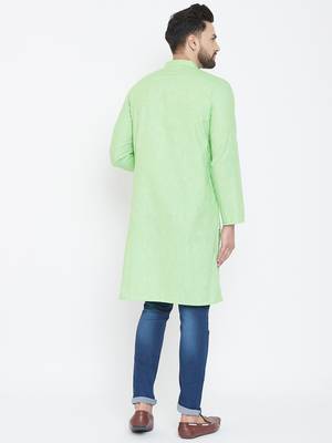 Turquoise Plain Pure Linen Men Kurtas 3