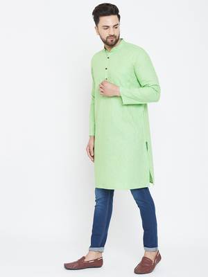 Turquoise Plain Pure Linen Men Kurtas 4