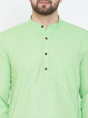 Turquoise Plain Pure Linen Men Kurtas 5
