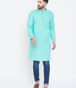 Turquoise Plain Pure Cotton Men Kurtas