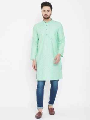 Sea Green Plain Pure Linen Men Kurtas 1