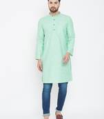 Sea Green Plain Pure Linen Men Kurtas