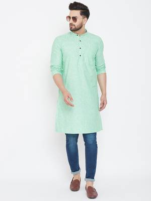 Sea Green Plain Pure Linen Men Kurtas 2