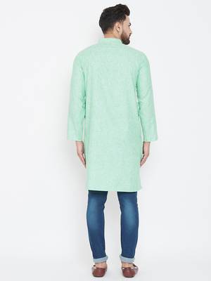 Sea Green Plain Pure Linen Men Kurtas 3