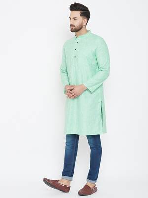 Sea Green Plain Pure Linen Men Kurtas 4