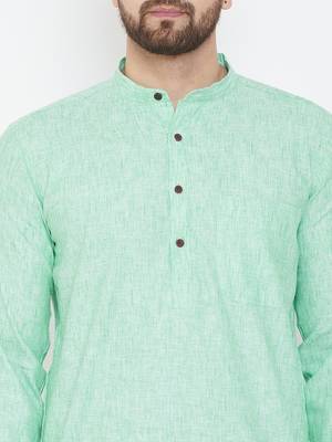 Sea Green Plain Pure Linen Men Kurtas 5