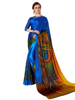 Blue Printed Chiffon Saree With Blouse 1