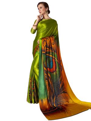 Lime Printed Chiffon Saree With Blouse 1