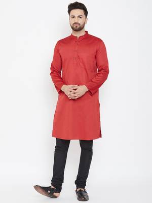 Red Plain Pure Cotton Men Kurtas 1