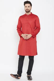 Red Plain Pure Cotton Men Kurtas