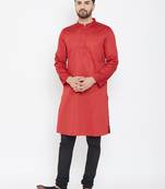 Red Plain Pure Cotton Men Kurtas
