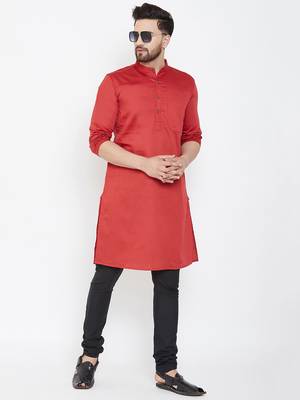 Red Plain Pure Cotton Men Kurtas 2