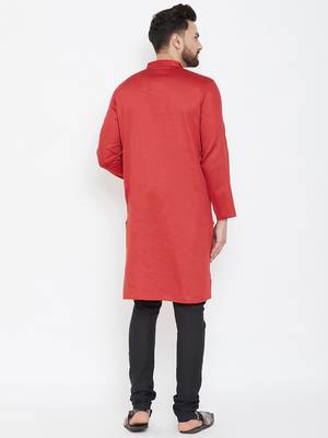 Red Plain Pure Cotton Men Kurtas 3