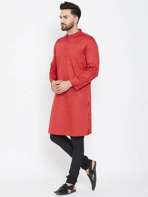 Red Plain Pure Cotton Men Kurtas 4