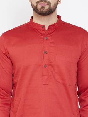 Red Plain Pure Cotton Men Kurtas 5