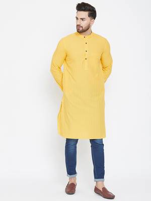 Yellow Woven Pure Cotton Men Kurtas 1
