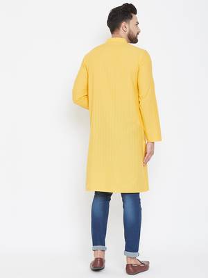 Yellow Woven Pure Cotton Men Kurtas 3
