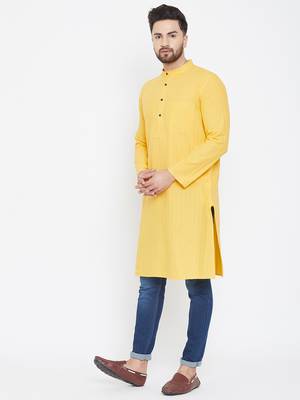 Yellow Woven Pure Cotton Men Kurtas 4