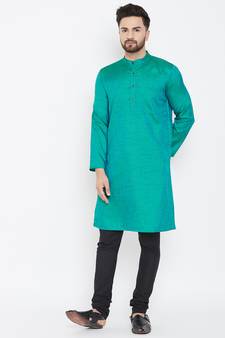 Turquoise Blue Plain Pure Dupion Silk Men Kurtas
