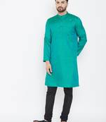 Turquoise Blue Plain Pure Dupion Silk Men Kurtas