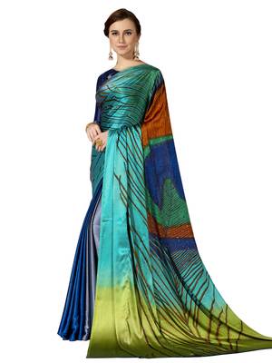 Blue Printed Chiffon Saree With Blouse 1