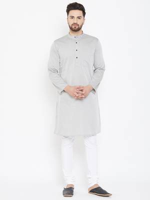 Grey Plain Pure Cotton Men Kurtas 1