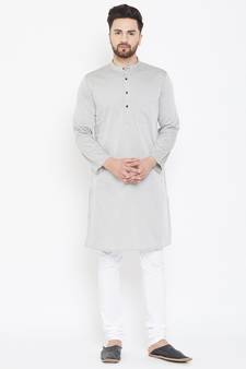 Grey Plain Pure Cotton Men Kurtas