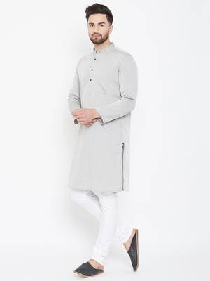 Grey Plain Pure Cotton Men Kurtas 4