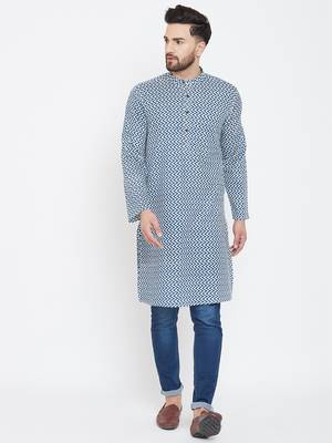 Blue Printed Pure Cotton Men Kurtas 1