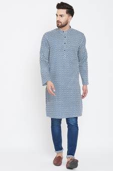 Blue Printed Pure Cotton Men Kurtas