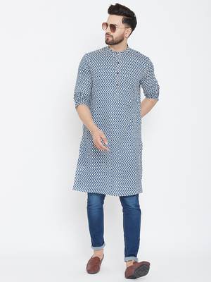 Blue Printed Pure Cotton Men Kurtas 2