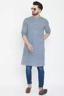 Blue Printed Pure Cotton Men Kurtas