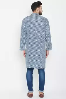 Blue Printed Pure Cotton Men Kurtas
